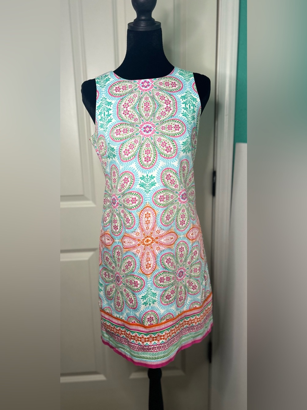 London Times Floral Medallion Shift Dress - Turquoise, Pink & Green